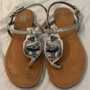 COACH Olga Sandals Sz 8 Fish Ankle Strap Silver & Blue Beach Vacation flip flop